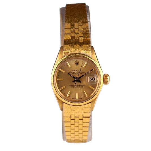 Rolex Datejust 25mm Champagne Gold Dial YG Fluted Bezel Mesh Band 18k Yellow Gold Watch 6521