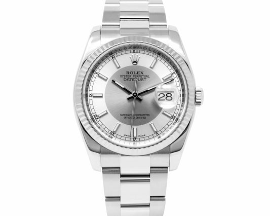 Rolex Datejust 36mm Stainless Steel 18k White Gold Fluted Bezel Silver Tuxedo Dial Oyster Watch 116234