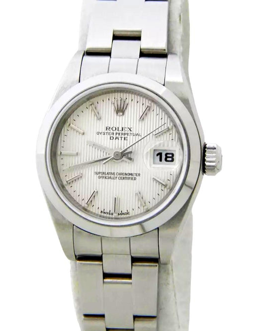 Rolex Date 26mm Silver Dial Engine Turned Bezel Steel Ladies Watch 79190