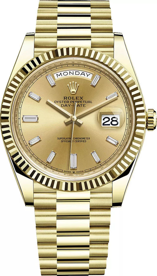 Rolex Day Date President 40mm 18k Yellow Gold Fluted Bezel Gold Factory Diamond Dial Watch 228238